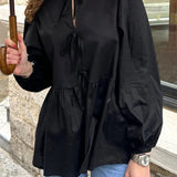 Women's Front Lace-up Sleeve Round Neck Loose Fit Casual Solid Blouse