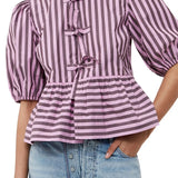Women's Striped Print Puff Sleeve Front Tie-up Loose Casual Crop Tops Streetwear Blouse