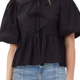 Women's Striped Print Puff Sleeve Front Tie-up Loose Casual Crop Tops Streetwear Blouse