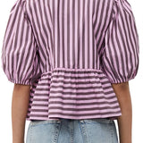 Women's Striped Print Puff Sleeve Front Tie-up Loose Casual Crop Tops Streetwear Blouse