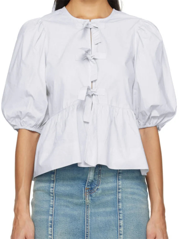 Women's Striped Print Puff Sleeve Front Tie-up Loose Casual Crop Tops Streetwear Blouse