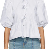 Women's Striped Print Puff Sleeve Front Tie-up Loose Casual Crop Tops Streetwear Blouse
