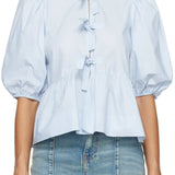 Women's Striped Print Puff Sleeve Front Tie-up Loose Casual Crop Tops Streetwear Blouse