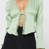 Women's Color Basic Lace Trim V Neck Slim Fit Satin Front Split Tie-up Blouse