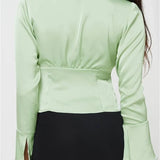 Women's Color Basic Lace Trim V Neck Slim Fit Satin Front Split Tie-up Blouse