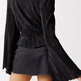 Women's Buttons Up Ruched Tops Long Flare Sleeve V Neck Solid Color Slim Fit Streetwear Blouse