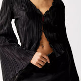 Women's Buttons Up Ruched Tops Long Flare Sleeve V Neck Solid Color Slim Fit Streetwear Blouse