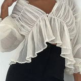Women's Mesh Sheer See Through Crop Tops Sleeve Deep V Neck Solid Ruched Ruffles Blouse