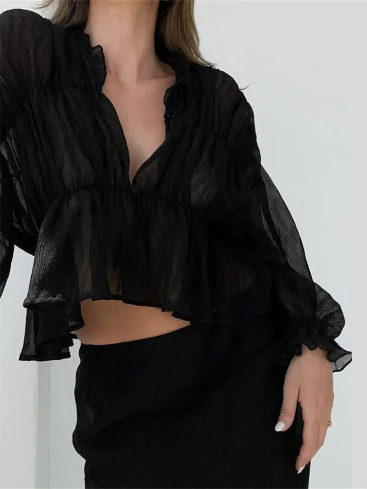Women's Mesh Sheer See Through Crop Tops Sleeve Deep V Neck Solid Ruched Ruffles Blouse
