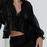 Women's Mesh Sheer See Through Crop Tops Sleeve Deep V Neck Solid Ruched Ruffles Blouse