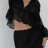 Women's Mesh Sheer See Through Crop Tops Sleeve Deep V Neck Solid Ruched Ruffles Blouse