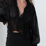Women's Mesh Sheer See Through Crop Tops Sleeve Deep V Neck Solid Ruched Ruffles Blouse