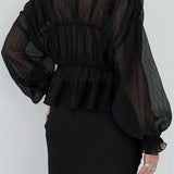Women's Mesh Sheer See Through Crop Tops Sleeve Deep V Neck Solid Ruched Ruffles Blouse