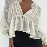 Women's Mesh Sheer See Through Crop Tops Sleeve Deep V Neck Solid Ruched Ruffles Blouse