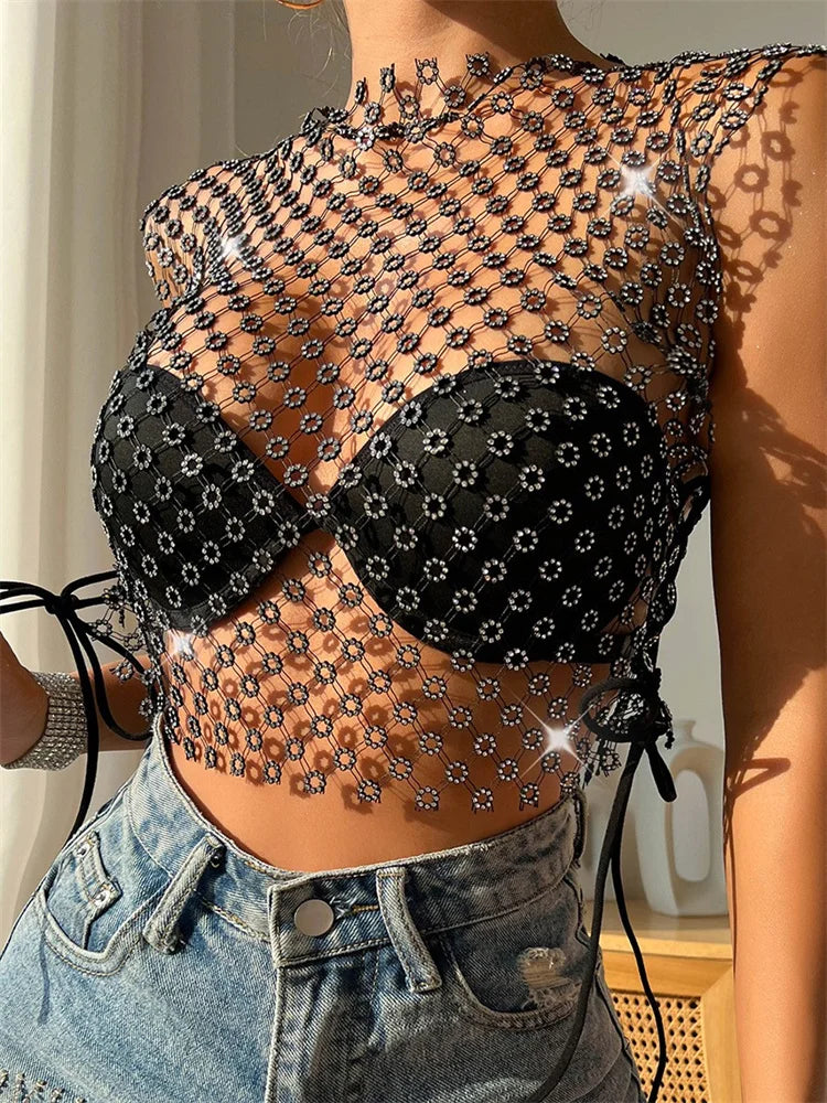 Fishnet Hollow Out Rhinestones Sleeveless Mini Beach Cover Ups Crop Tops