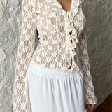 Women's Summer Lace Floral Flare Sleeve Front Lace-up See Through Slim Cardigan Clubwear Blouse