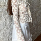 Women's Summer Lace Floral Flare Sleeve Front Lace-up See Through Slim Cardigan Clubwear Blouse