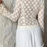 Women's Summer Lace Floral Flare Sleeve Front Lace-up See Through Slim Cardigan Clubwear Blouse