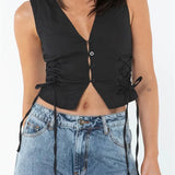 Slim Tank Solid Color Front Buttons Up Mini Vest Side Criss-Cross Tie-Up Waistcoat Streetwear  Crop Tops