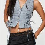 Slim Tank Solid Color Front Buttons Up Mini Vest Side Criss-Cross Tie-Up Waistcoat Streetwear  Crop Tops