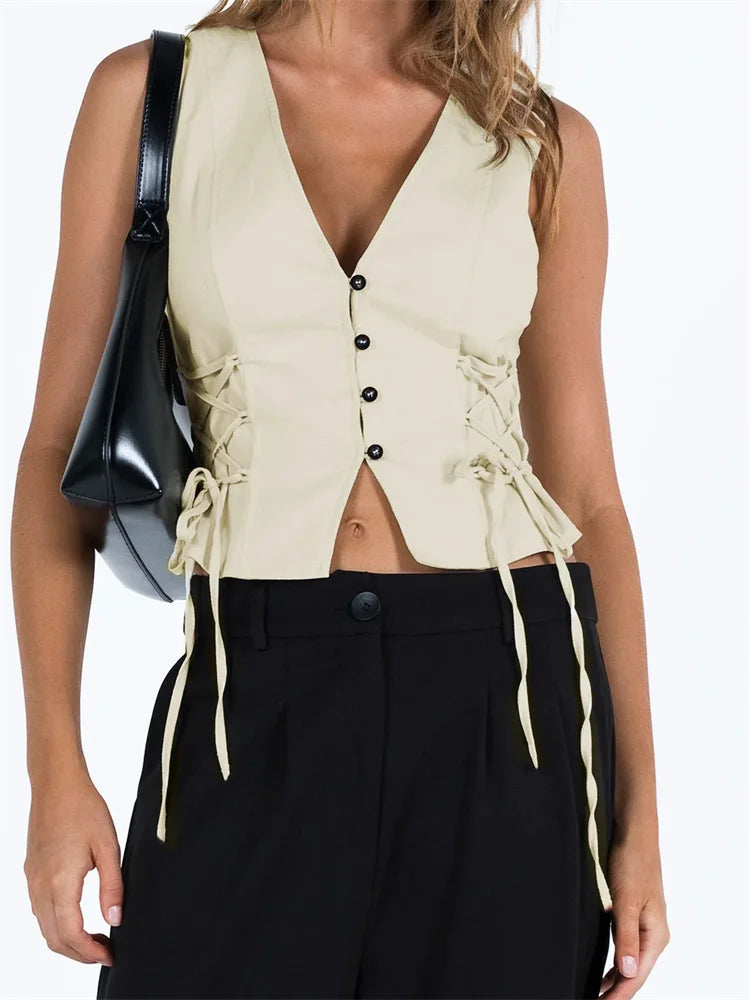 Slim Tank Solid Color Front Buttons Up Mini Vest Side Criss-Cross Tie-Up Waistcoat Streetwear  Crop Tops