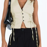 Slim Tank Solid Color Front Buttons Up Mini Vest Side Criss-Cross Tie-Up Waistcoat Streetwear  Crop Tops