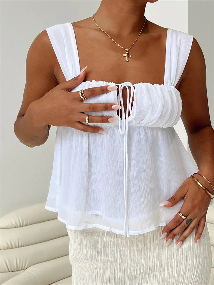 Spaghetti Strap Casual Ruffles Square Neck Lace-up Solid Mini Vests  Crop Tops