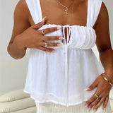 Spaghetti Strap Casual Ruffles Square Neck Lace-up Solid Mini Vests  Crop Tops