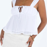 Spaghetti Strap Casual Ruffles Square Neck Lace-up Solid Mini Vests  Crop Tops