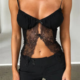 Tank Top Spaghetti Strap Camisoles Sleeveless V-Neck Lace Patchwork Front Split Vest Summer Y2K Streetwear  Crop Tops