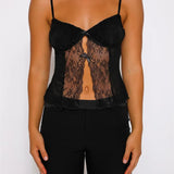 Tank Top Spaghetti Strap Camisoles Sleeveless V-Neck Lace Patchwork Front Split Vest Summer Y2K Streetwear  Crop Tops