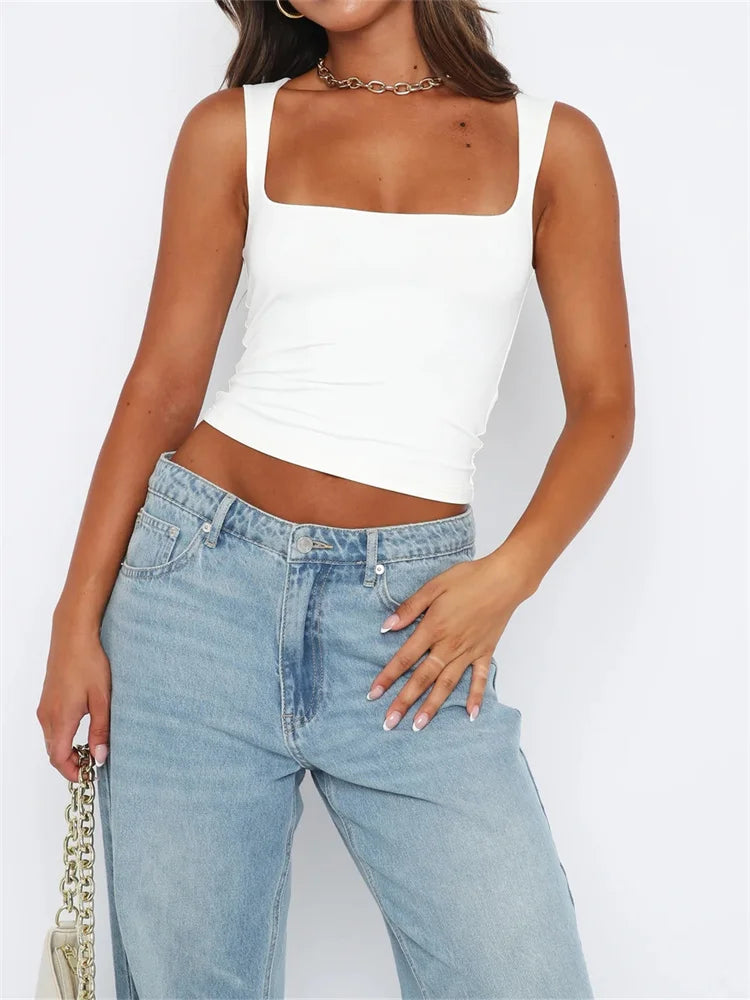 Wide Strap Camis Solid Sleeveless Square Neck Sling Tank Summer Exposed Navel Vests Streetwear Crop Tops