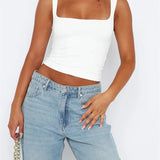 Wide Strap Camis Solid Sleeveless Square Neck Sling Tank Summer Exposed Navel Vests Streetwear Crop Tops