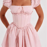 High Waist Pleated Back Tie-up Ruffles Mini Dress