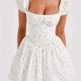 High Waist Pleated Back Tie-up Ruffles Mini Dress