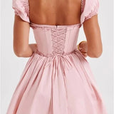 High Waist Pleated Back Tie-up Ruffles Mini Dress