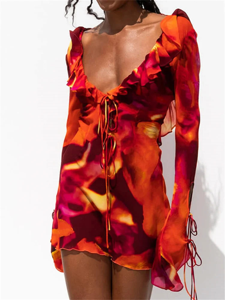 Y2K Ruffle Deep V-neck Slim Fit Mini Dress