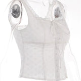 Y2K Square Neck Bustiers Lace Patchwork Low Cut Front Buttons Up Fairycore Tank Crop Tops