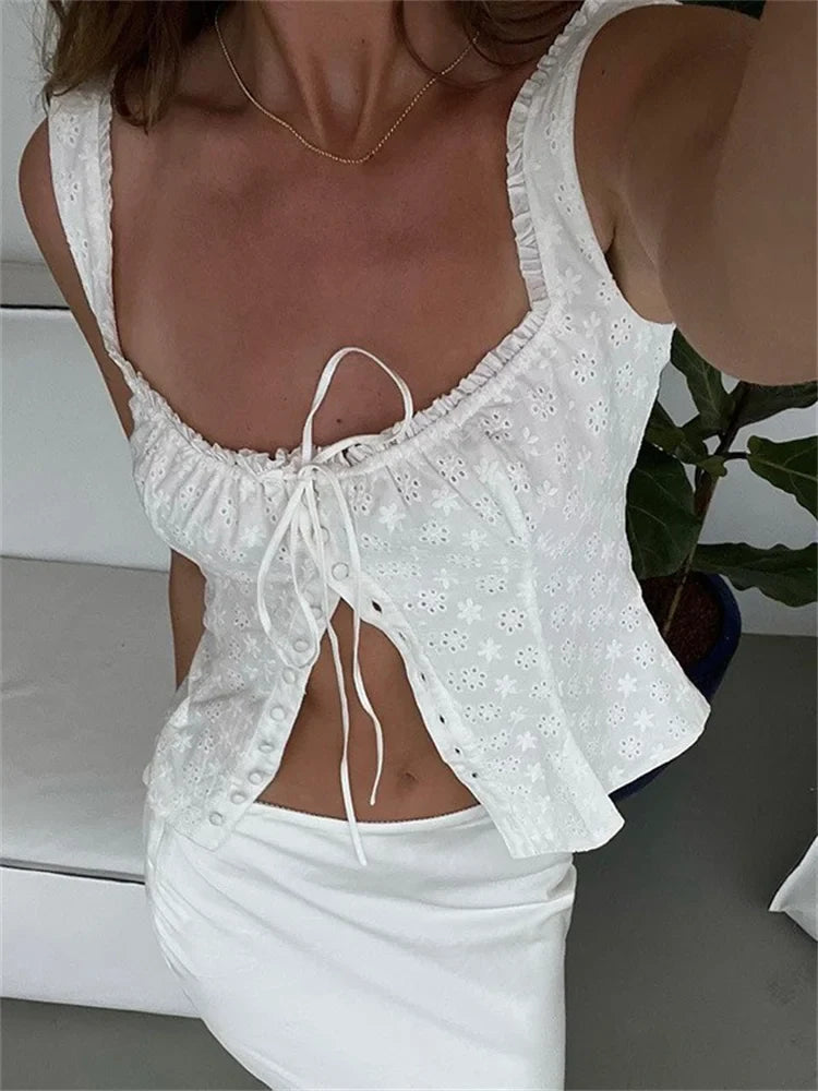 Y2K Square Neck Bustiers Lace Patchwork Low Cut Front Buttons Up Fairycore Tank Crop Tops