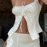 Y2K Square Neck Bustiers Lace Patchwork Low Cut Front Buttons Up Fairycore Tank Crop Tops