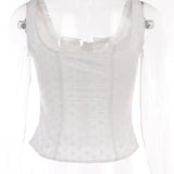 Y2K Square Neck Bustiers Lace Patchwork Low Cut Front Buttons Up Fairycore Tank Crop Tops