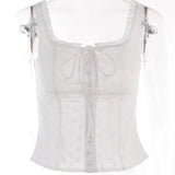 Y2K Square Neck Bustiers Lace Patchwork Low Cut Front Buttons Up Fairycore Tank Crop Tops