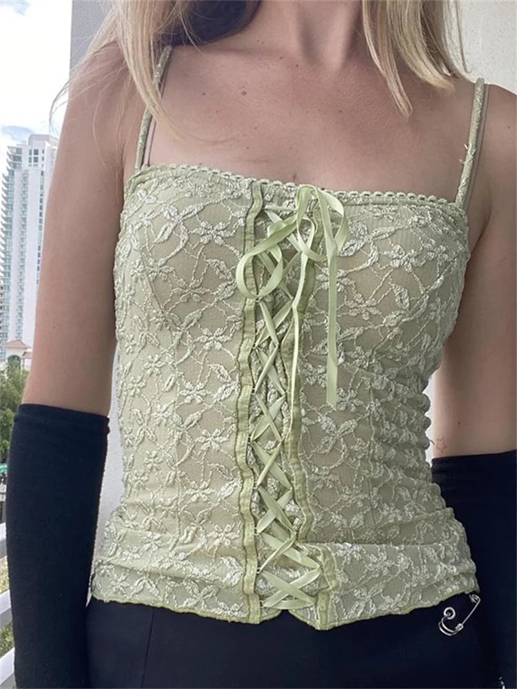 Floral Embroidery Criss-cross Lace Up Chic 00s Vintage Fairycore Retro Spaghetti Strap Camis Crop Tops
