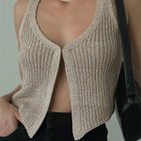 Knitted Sweaters Vest Casual Retro Sleeveless V-Neck Buttons Up Tank Summer Autumn Chic Vest  Club Crop Tops