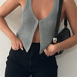 Knitted Sweaters Vest Casual Retro Sleeveless V-Neck Buttons Up Tank Summer Autumn Chic Vest  Club Crop Tops