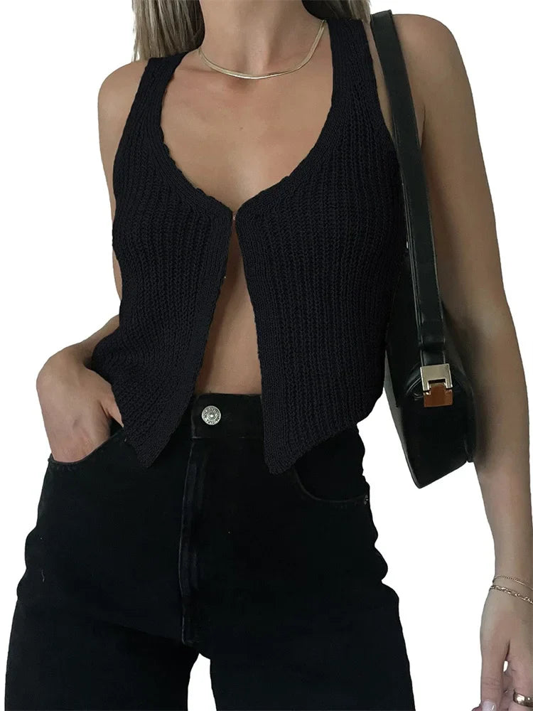 Knitted Sweaters Vest Casual Retro Sleeveless V-Neck Buttons Up Tank Summer Autumn Chic Vest  Club Crop Tops