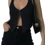 Knitted Sweaters Vest Casual Retro Sleeveless V-Neck Buttons Up Tank Summer Autumn Chic Vest  Club Crop Tops