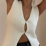 Knitted Sweaters Vest Casual Retro Sleeveless V-Neck Buttons Up Tank Summer Autumn Chic Vest  Club Crop Tops
