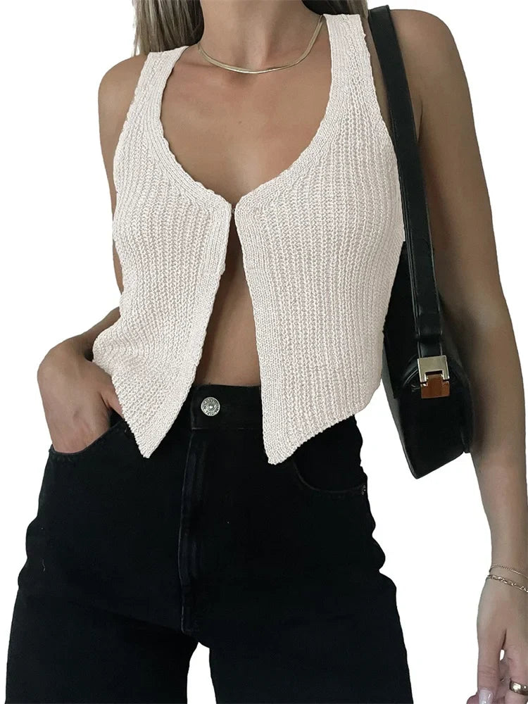 Knitted Sweaters Vest Casual Retro Sleeveless V-Neck Buttons Up Tank Summer Autumn Chic Vest  Club Crop Tops