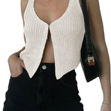 Knitted Sweaters Vest Casual Retro Sleeveless V-Neck Buttons Up Tank Summer Autumn Chic Vest  Club Crop Tops